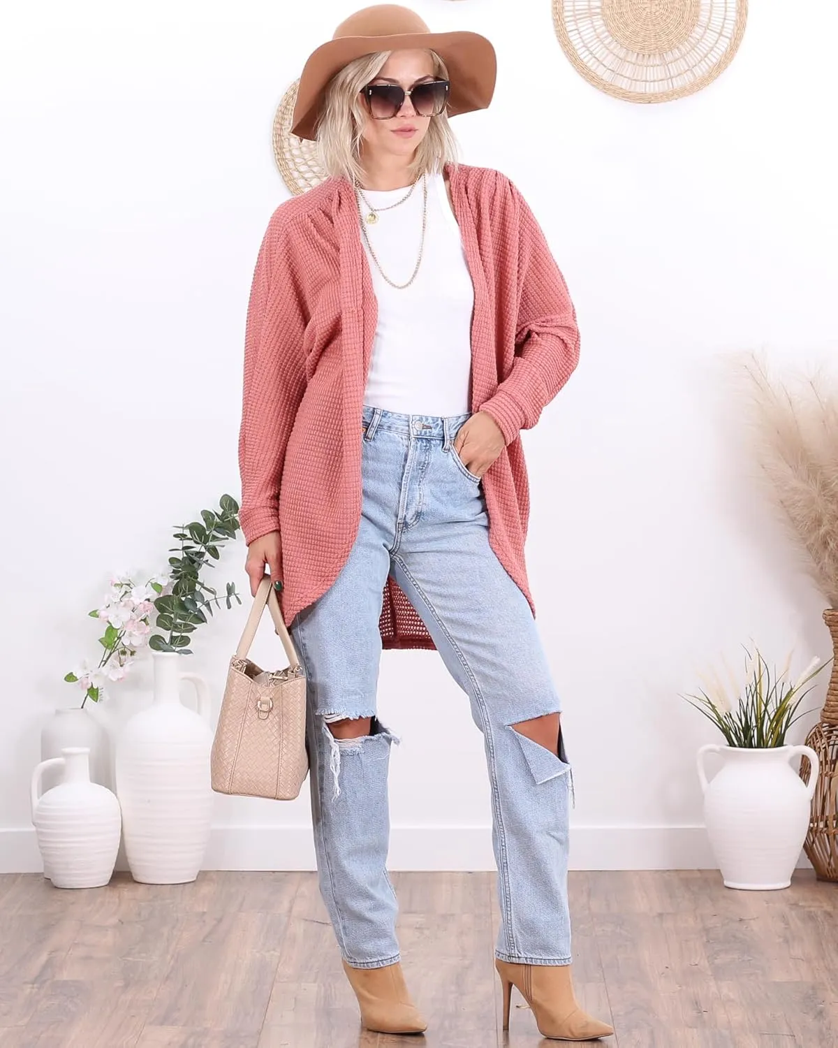 Popana Long Oversized Fall Batwing Waffle Knit Cardigan Sweaters for Women with Pockets Plus Size
