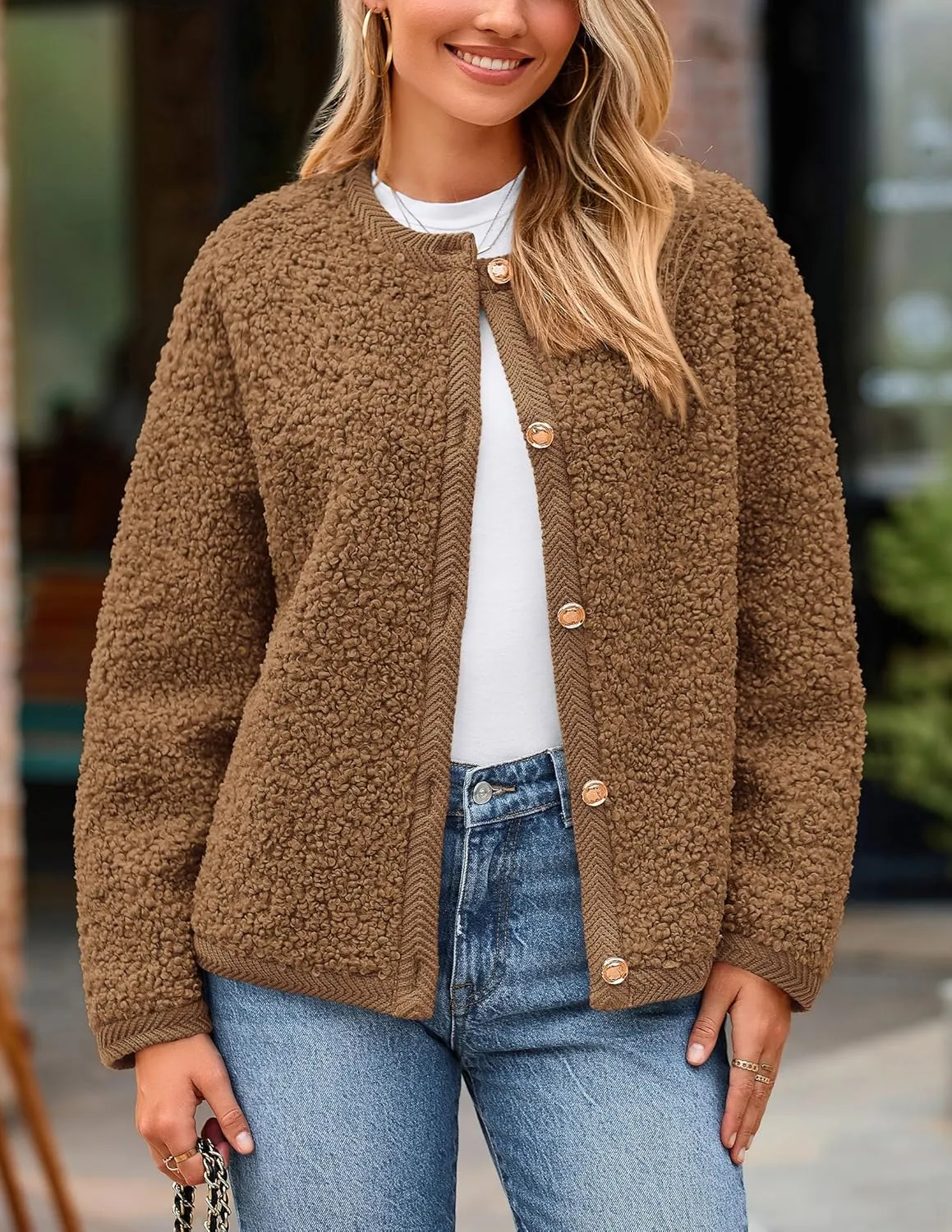 PRETTYGARDEN Women's Faux Fur Shearling Coat Fuzzy Fleece Button Up Trendy Fall Winter Cropped Jackets Outerwear