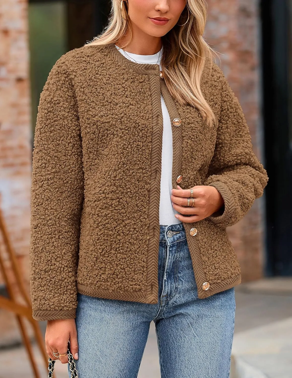 PRETTYGARDEN Women's Faux Fur Shearling Coat Fuzzy Fleece Button Up Trendy Fall Winter Cropped Jackets Outerwear