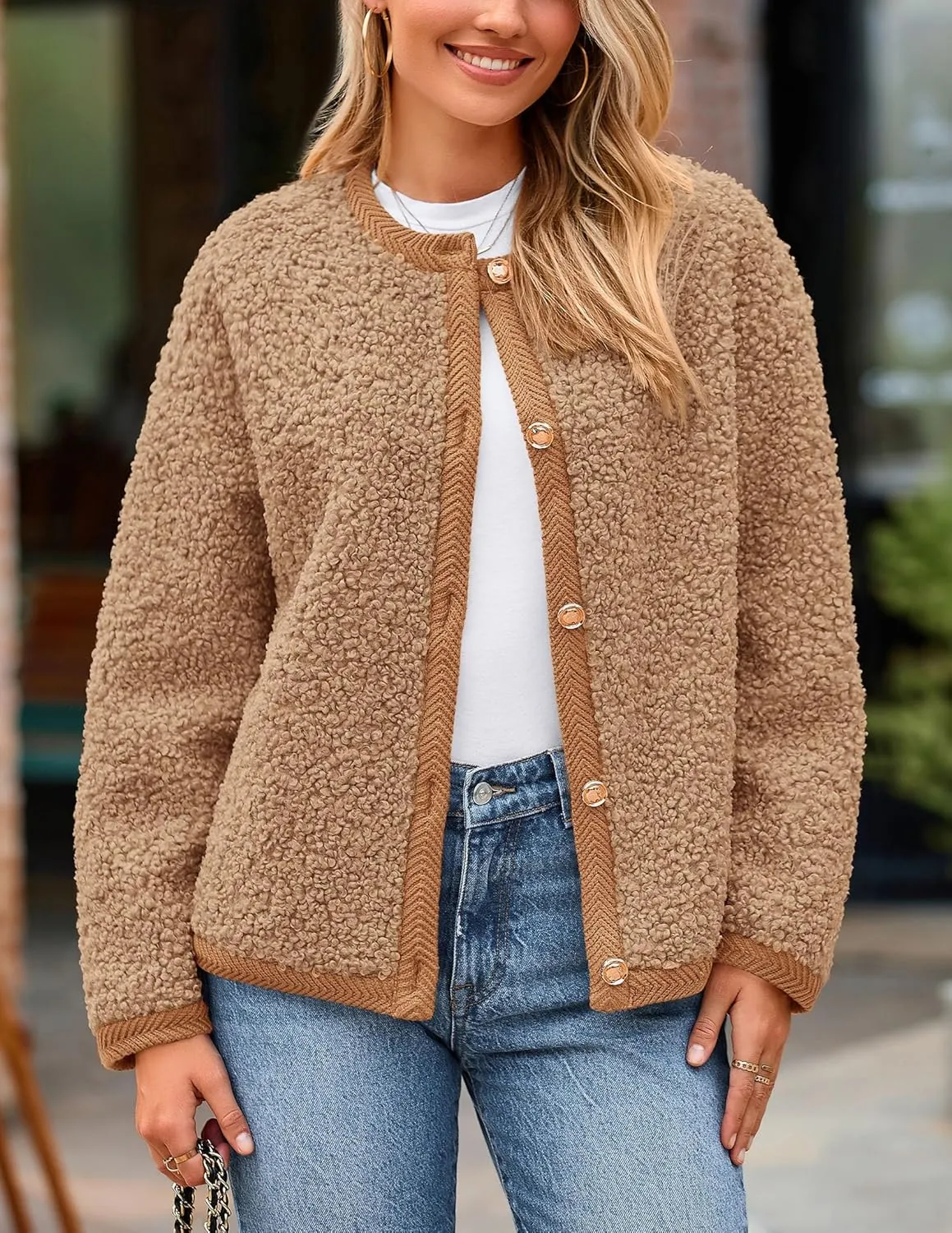 PRETTYGARDEN Women's Faux Fur Shearling Coat Fuzzy Fleece Button Up Trendy Fall Winter Cropped Jackets Outerwear