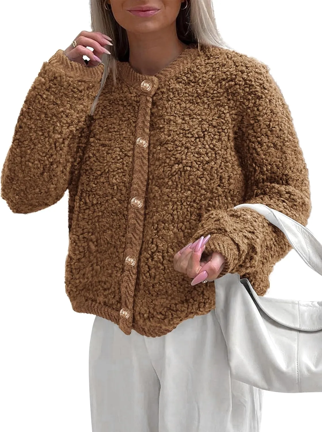 PRETTYGARDEN Women's Faux Fur Shearling Coat Fuzzy Fleece Button Up Trendy Fall Winter Cropped Jackets Outerwear