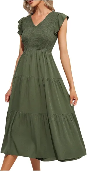 PTOLOCIF Flowy Dresses for Women, 2024 Summer Casual Boho Dresses Flutter Short Sleeve Crewneck Loose Tiered Beach Maxi Dress