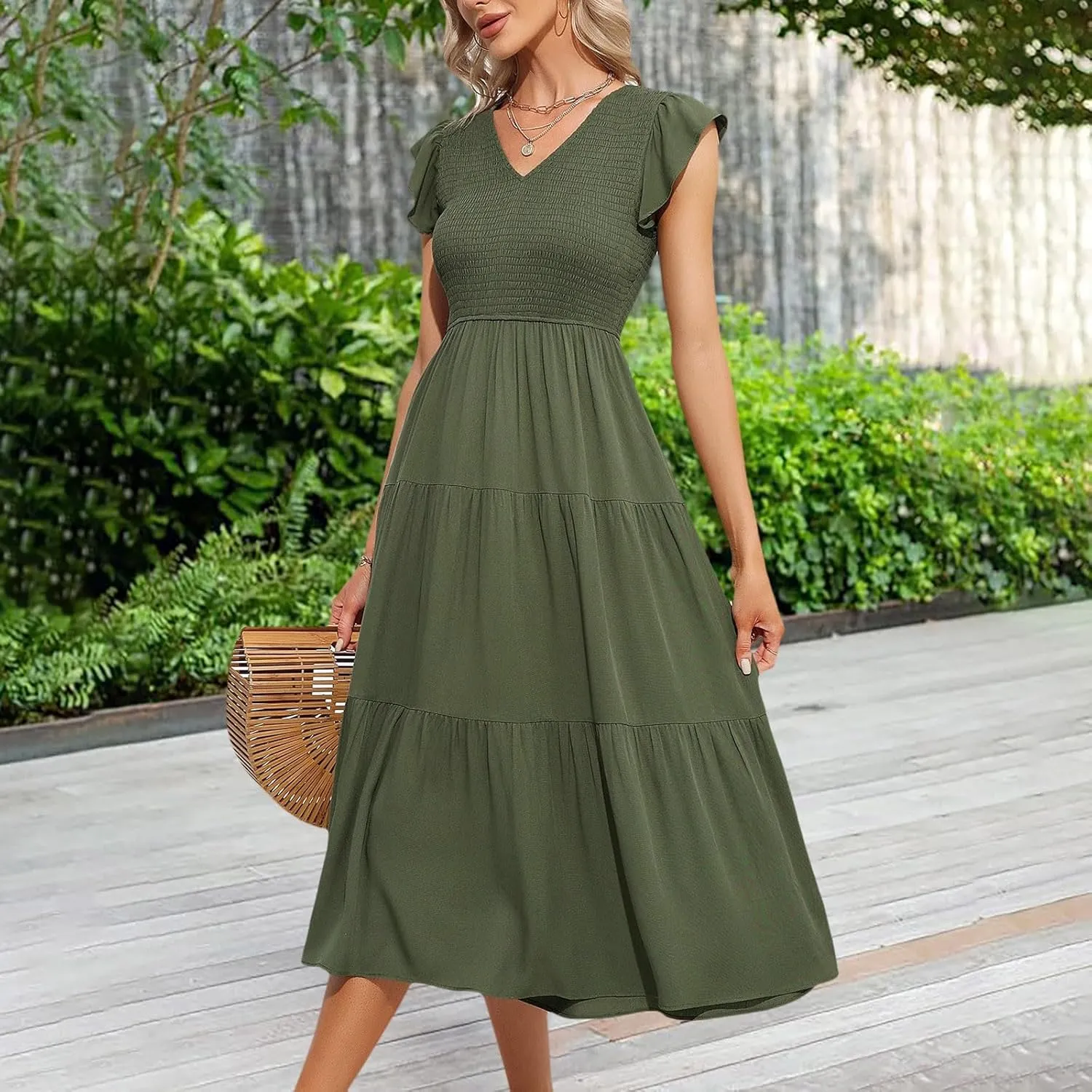 PTOLOCIF Flowy Dresses for Women, 2024 Summer Casual Boho Dresses Flutter Short Sleeve Crewneck Loose Tiered Beach Maxi Dress