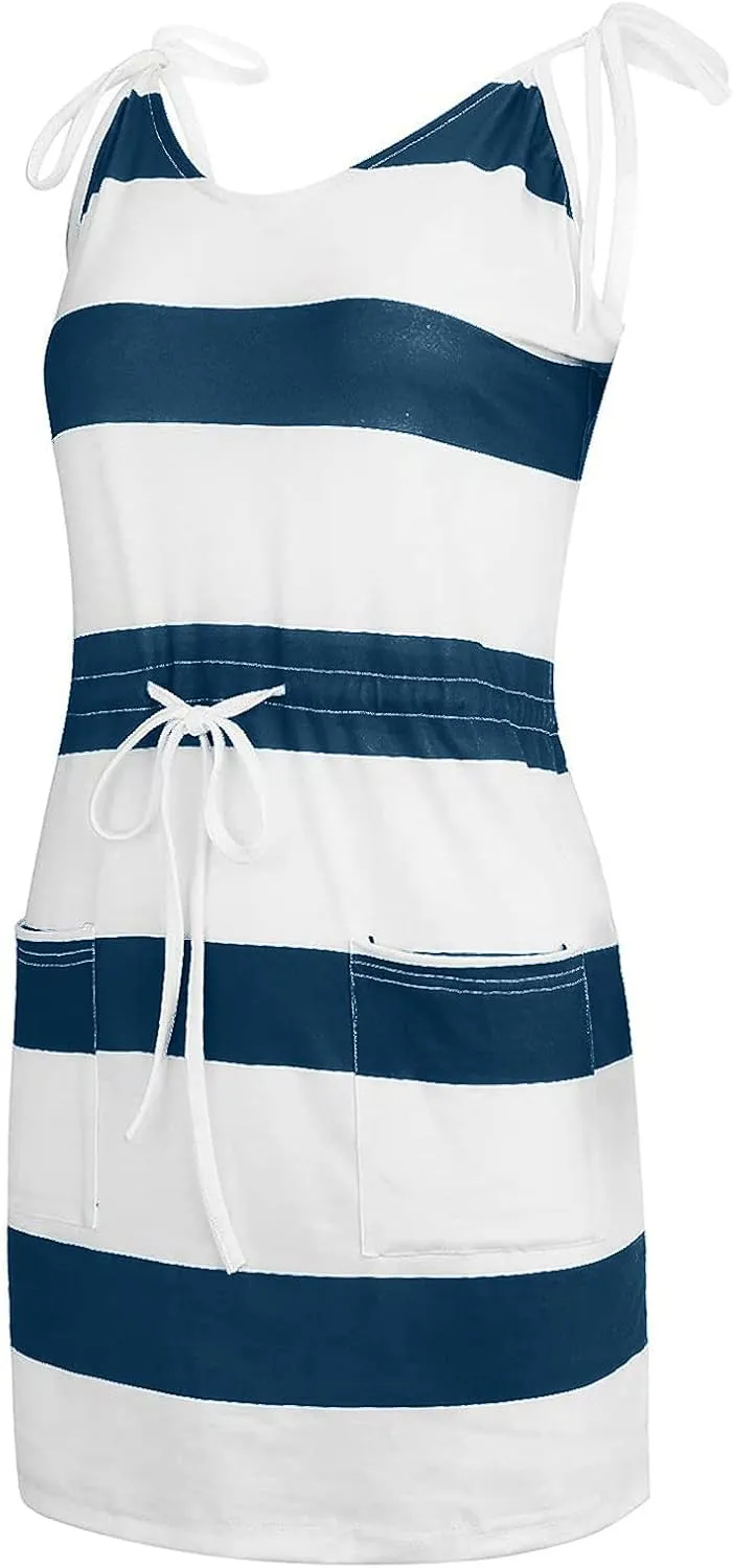 Qeaghou Summer Dresses for Women 2024 Casual Loose Sling V Neck Mini Dress Trendy Striped Drawstring Sundresses with Pockets