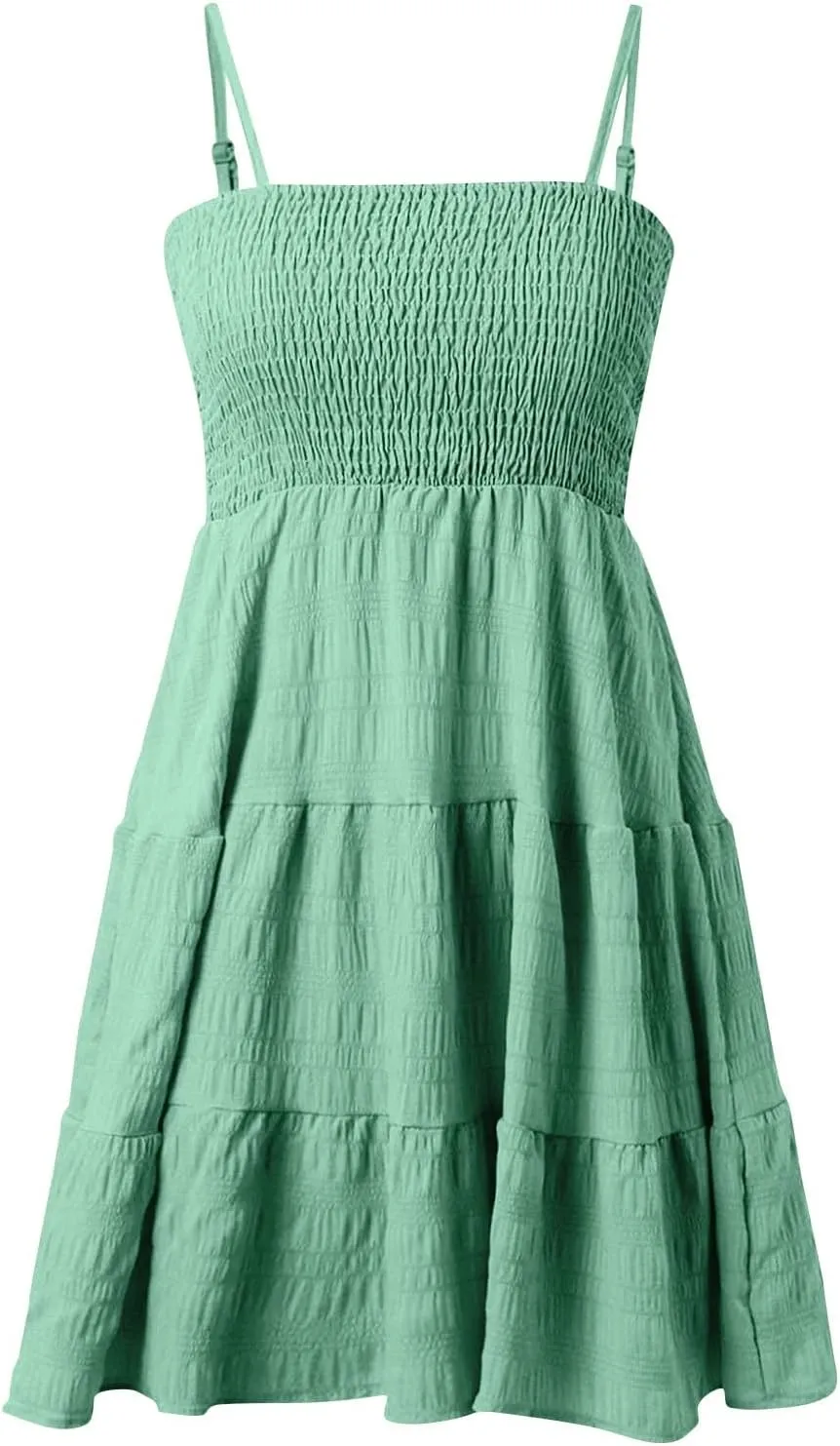 Resort Wear for Women 2025 Beach Vacation Spaghetti Strap Solid Elastic Waist Smocked Ruffle Hem Swing Dress, S-2Xl