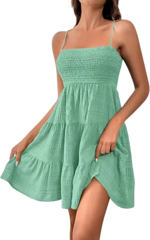 Resort Wear for Women 2025 Beach Vacation Spaghetti Strap Solid Elastic Waist Smocked Ruffle Hem Swing Dress, S-2Xl