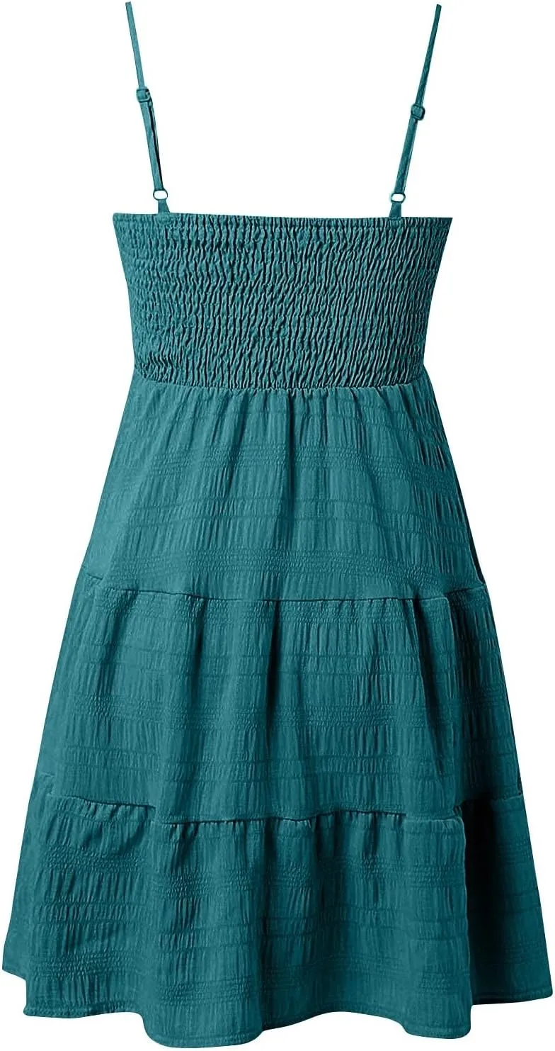 Resort Wear for Women 2025 Beach Vacation Spaghetti Strap Solid Elastic Waist Smocked Ruffle Hem Swing Dress, S-2Xl