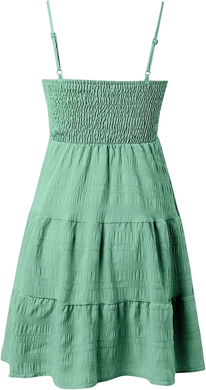 Resort Wear for Women 2025 Beach Vacation Spaghetti Strap Solid Elastic Waist Smocked Ruffle Hem Swing Dress, S-2Xl