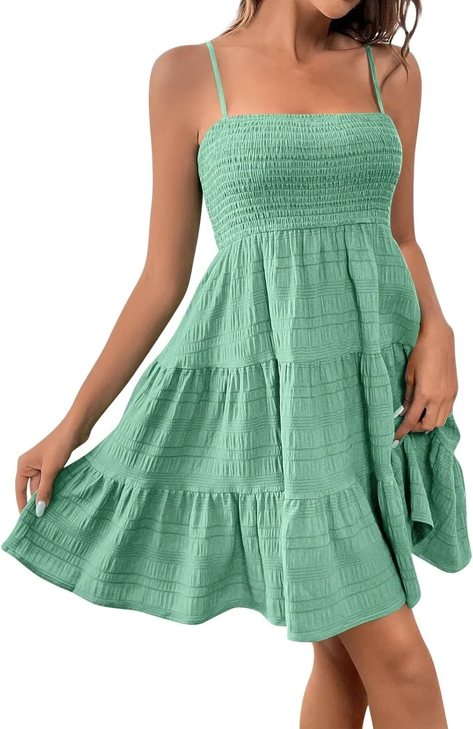 Resort Wear for Women 2025 Beach Vacation Spaghetti Strap Solid Elastic Waist Smocked Ruffle Hem Swing Dress, S-2Xl