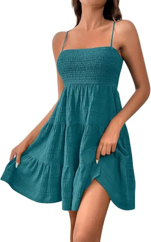 Resort Wear for Women 2025 Beach Vacation Spaghetti Strap Solid Elastic Waist Smocked Ruffle Hem Swing Dress, S-2Xl