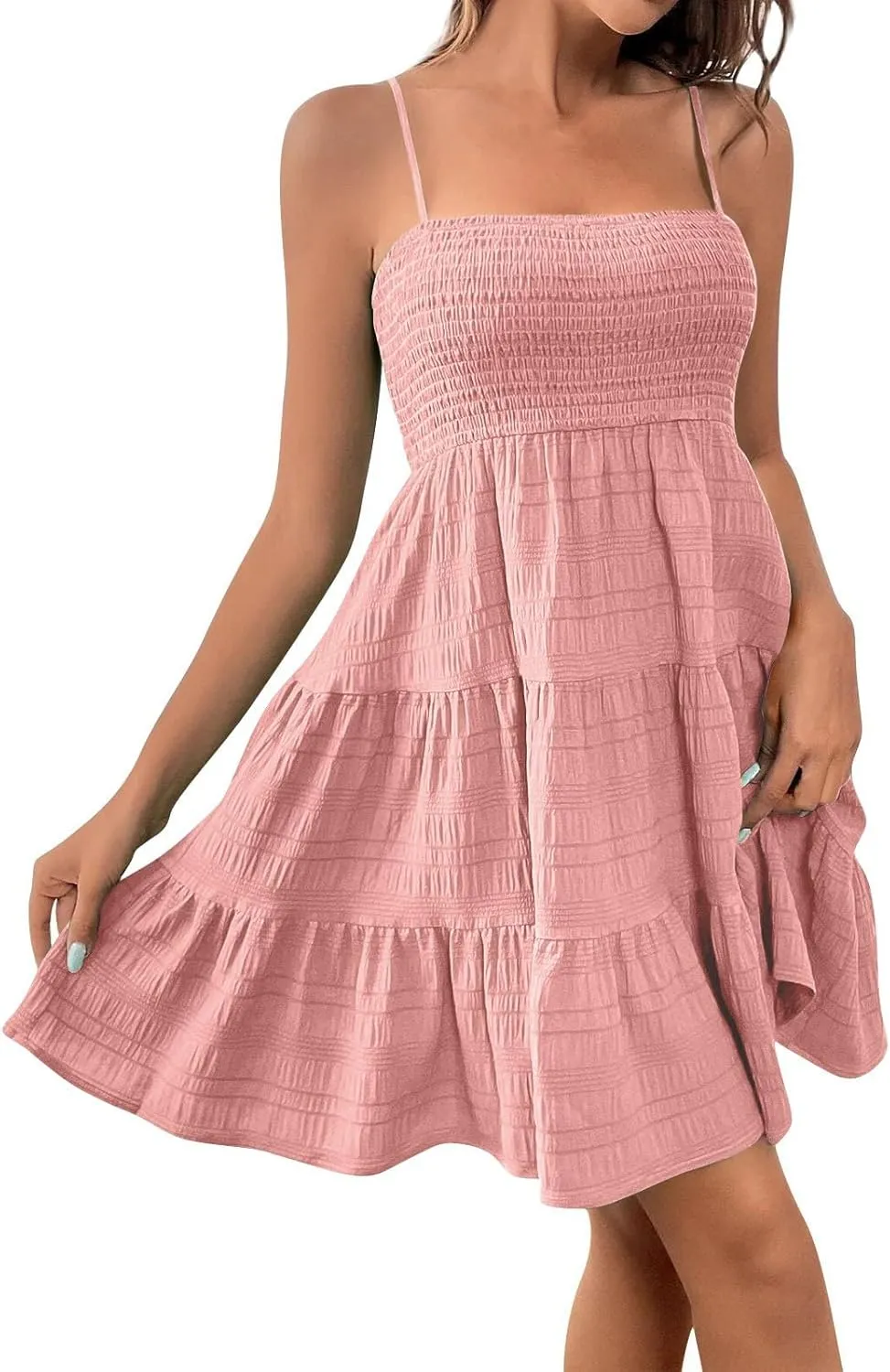 Resort Wear for Women 2025 Beach Vacation Spaghetti Strap Solid Elastic Waist Smocked Ruffle Hem Swing Dress, S-2Xl