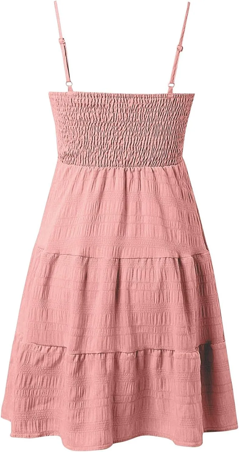 Resort Wear for Women 2025 Beach Vacation Spaghetti Strap Solid Elastic Waist Smocked Ruffle Hem Swing Dress, S-2Xl