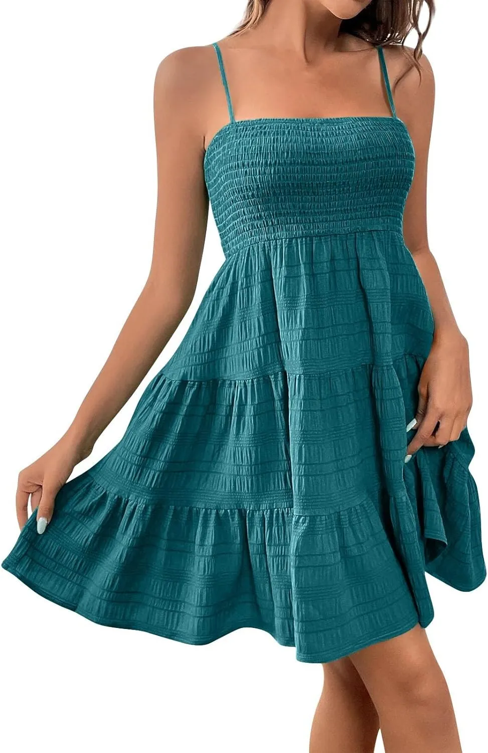 Resort Wear for Women 2025 Beach Vacation Spaghetti Strap Solid Elastic Waist Smocked Ruffle Hem Swing Dress, S-2Xl