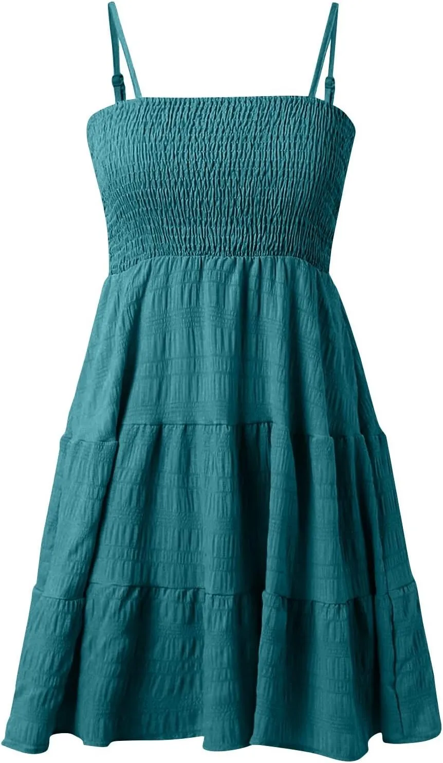 Resort Wear for Women 2025 Beach Vacation Spaghetti Strap Solid Elastic Waist Smocked Ruffle Hem Swing Dress, S-2Xl