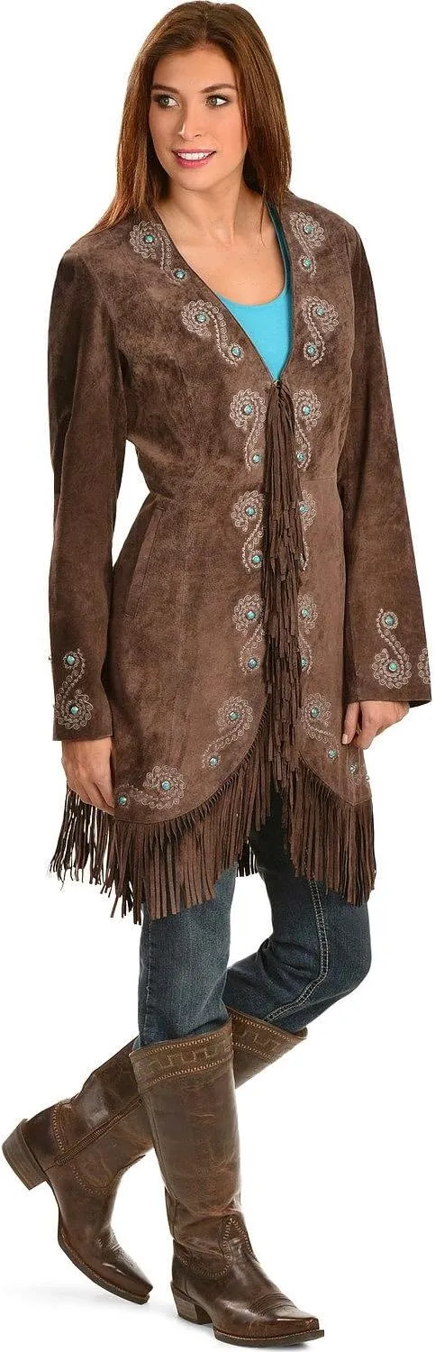 Scully Leather Womens Fringe Silver Embroidered Boar Suede Jacket Expresso