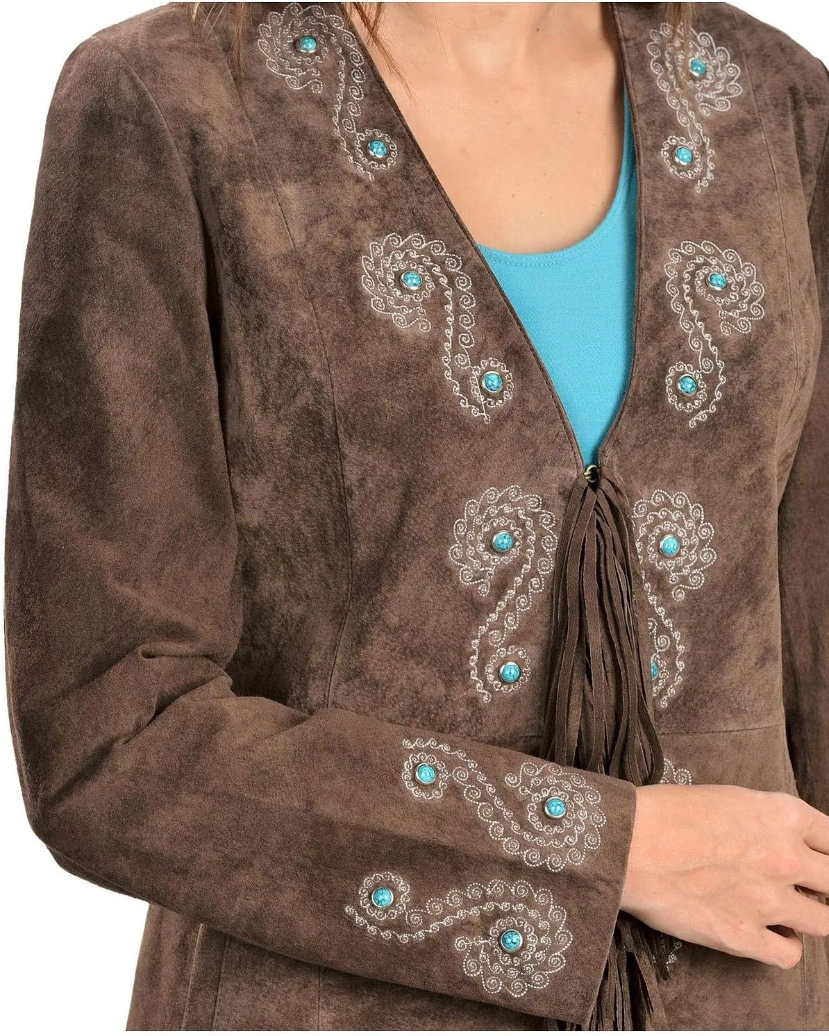 Scully Leather Womens Fringe Silver Embroidered Boar Suede Jacket Expresso