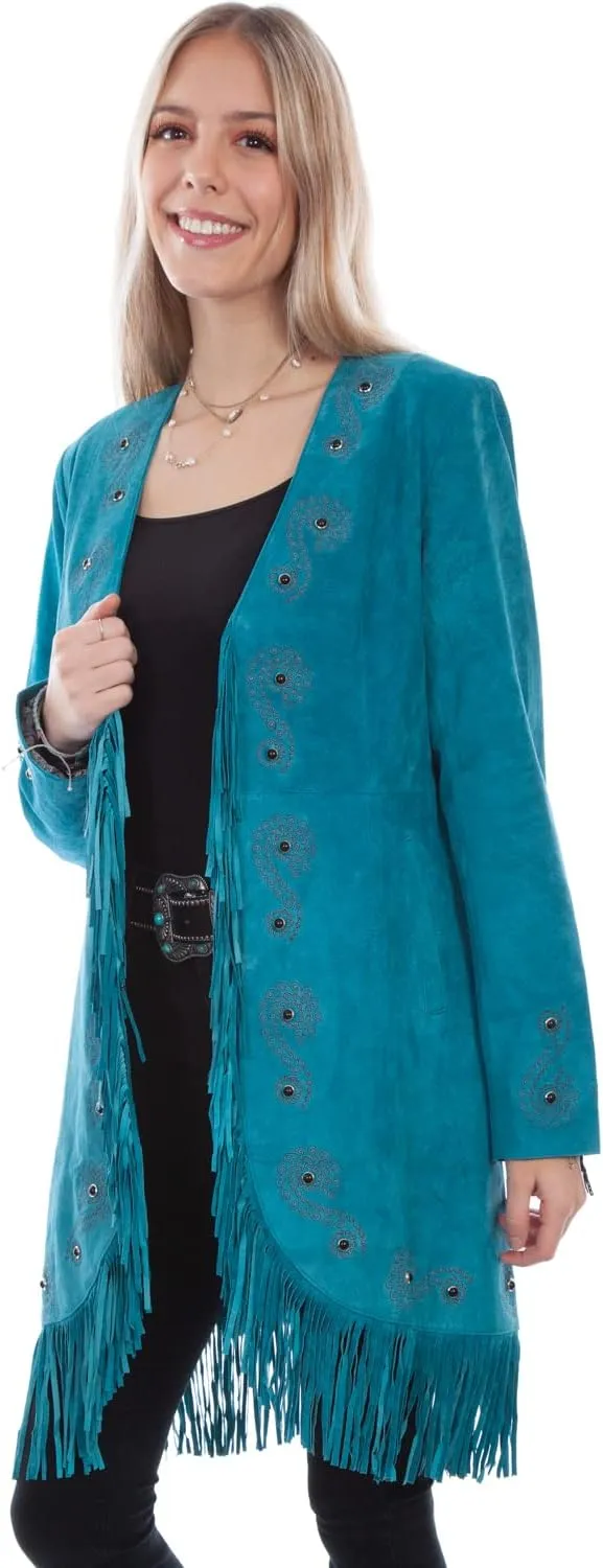 Scully Leather Womens Fringe Silver Embroidered Boar Suede Jacket Expresso