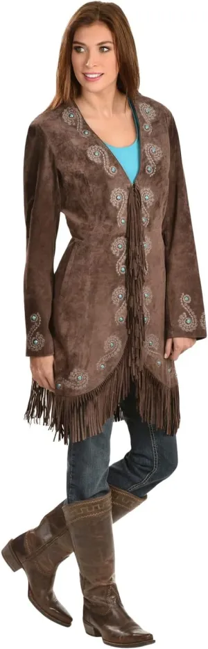 Scully Leather Womens Fringe Silver Embroidered Boar Suede Jacket Expresso