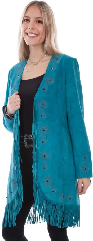 Scully Leather Womens Fringe Silver Embroidered Boar Suede Jacket Expresso