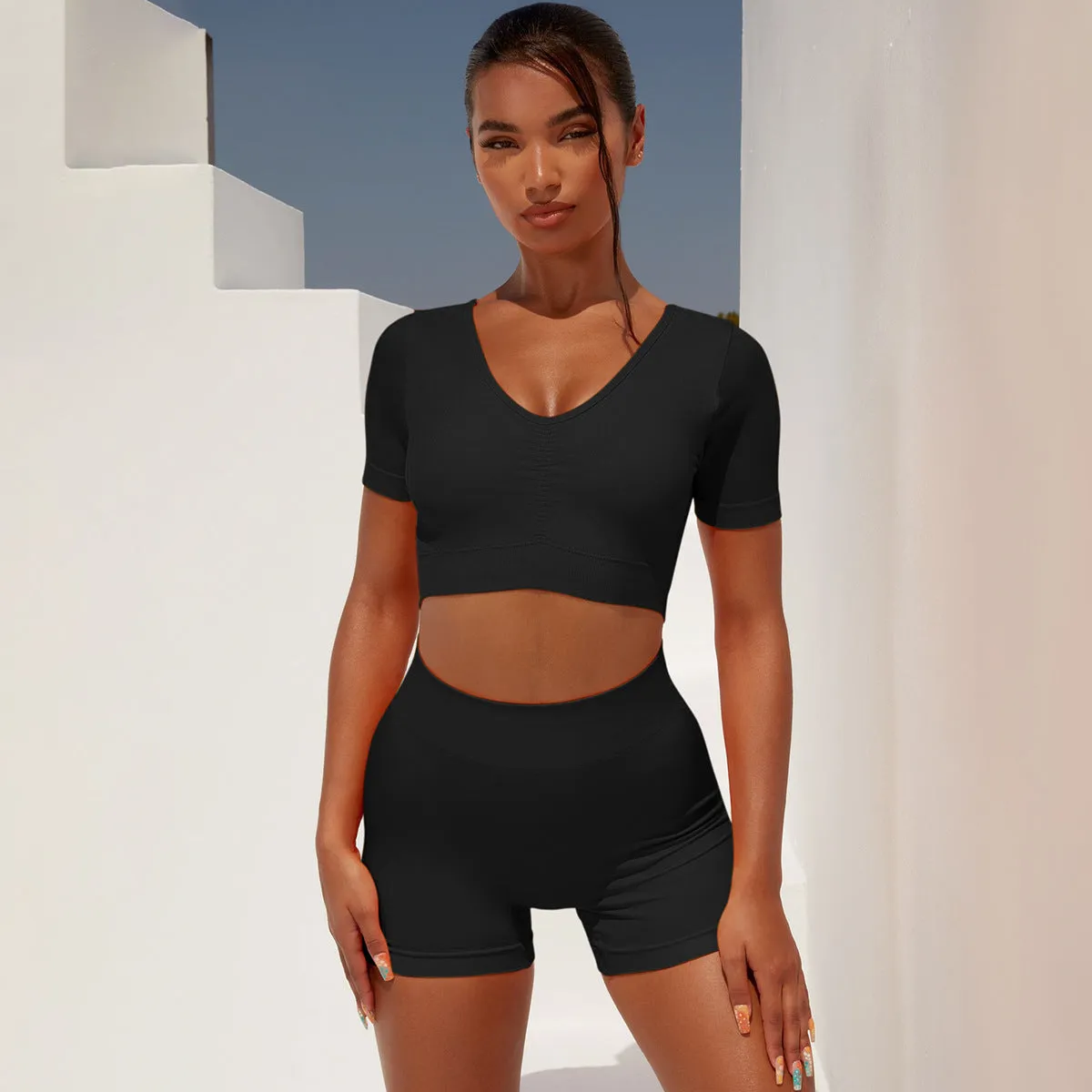 Seamless Tight Short Sleeve Yoga Workout Suit