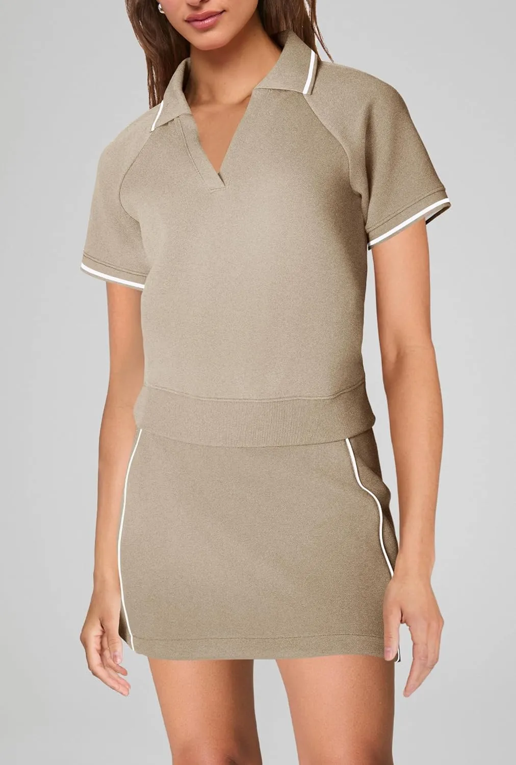 SENSERISE Womens Workout Sets 2 Piece Outfits V Neck Short Sleeve Polo Shirt and Tennis Skort Set with Pockets