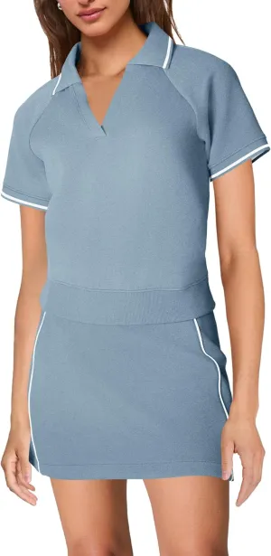 SENSERISE Womens Workout Sets 2 Piece Outfits V Neck Short Sleeve Polo Shirt and Tennis Skort Set with Pockets