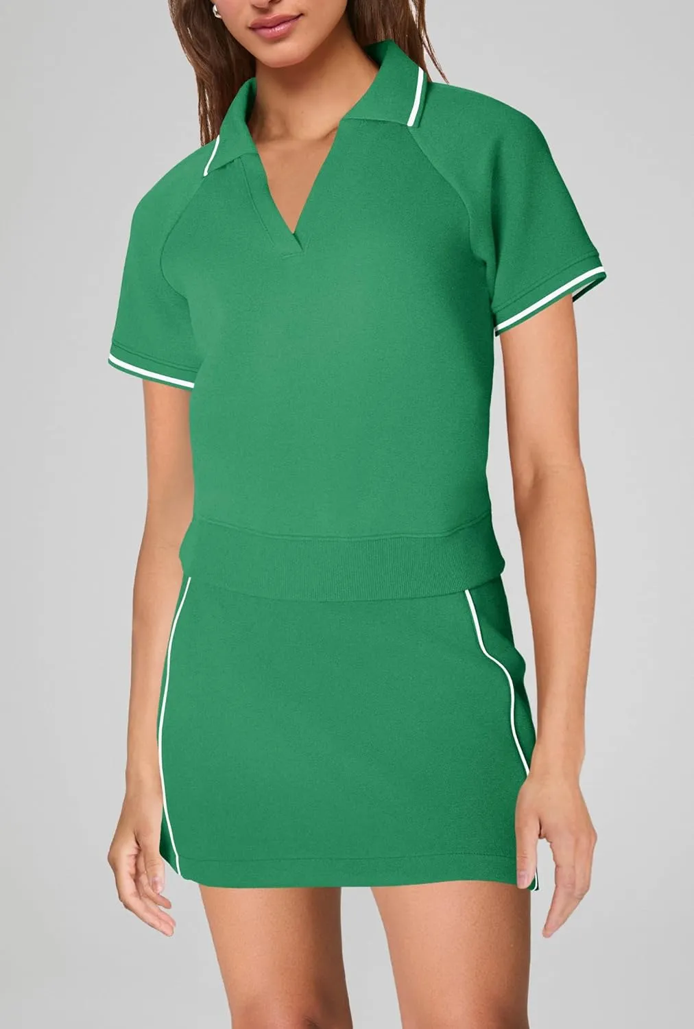SENSERISE Womens Workout Sets 2 Piece Outfits V Neck Short Sleeve Polo Shirt and Tennis Skort Set with Pockets