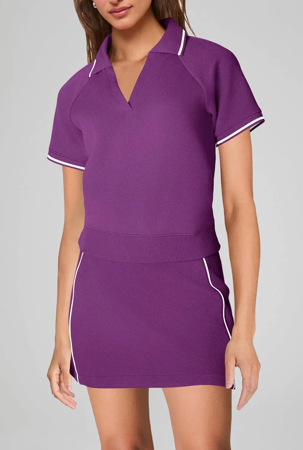 SENSERISE Womens Workout Sets 2 Piece Outfits V Neck Short Sleeve Polo Shirt and Tennis Skort Set with Pockets