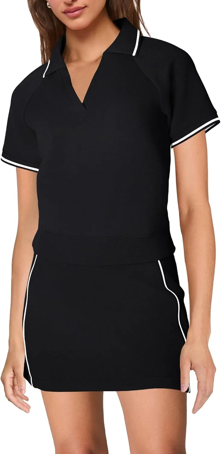 SENSERISE Womens Workout Sets 2 Piece Outfits V Neck Short Sleeve Polo Shirt and Tennis Skort Set with Pockets