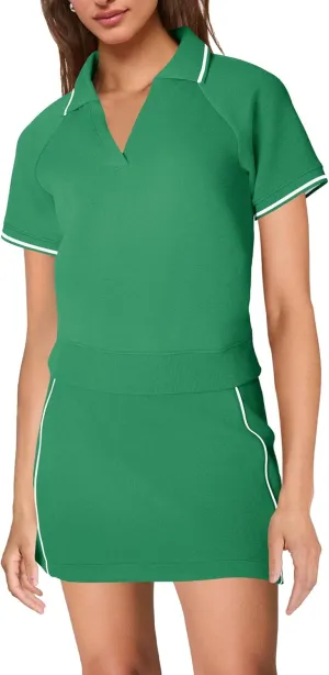 SENSERISE Womens Workout Sets 2 Piece Outfits V Neck Short Sleeve Polo Shirt and Tennis Skort Set with Pockets
