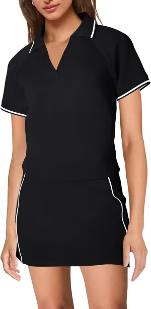 SENSERISE Womens Workout Sets 2 Piece Outfits V Neck Short Sleeve Polo Shirt and Tennis Skort Set with Pockets