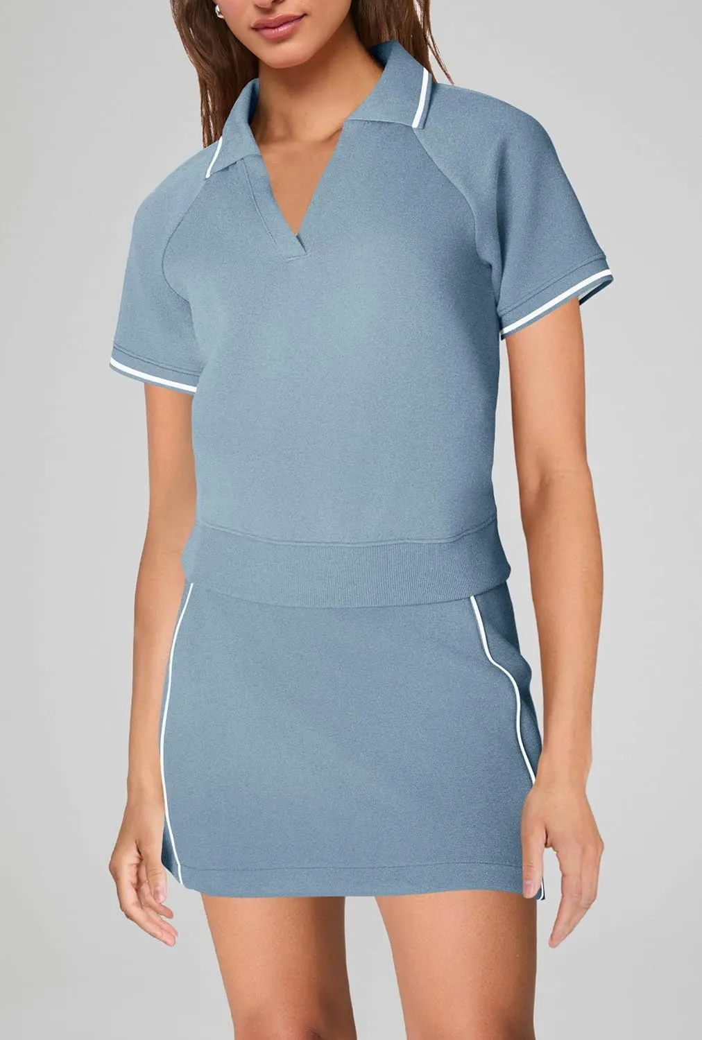 SENSERISE Womens Workout Sets 2 Piece Outfits V Neck Short Sleeve Polo Shirt and Tennis Skort Set with Pockets