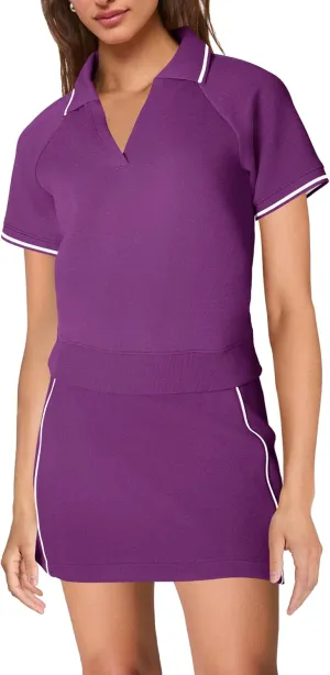 SENSERISE Womens Workout Sets 2 Piece Outfits V Neck Short Sleeve Polo Shirt and Tennis Skort Set with Pockets