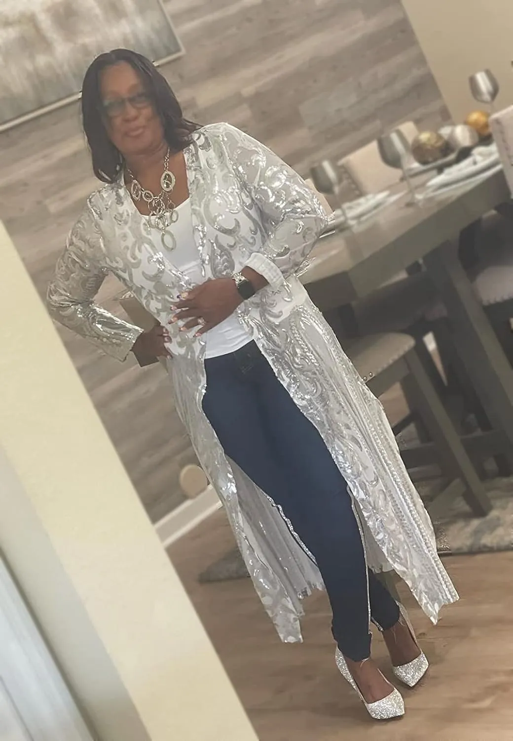Sequin Cardigans Duster Sparkly Blazer Jackets Long for Women Evening