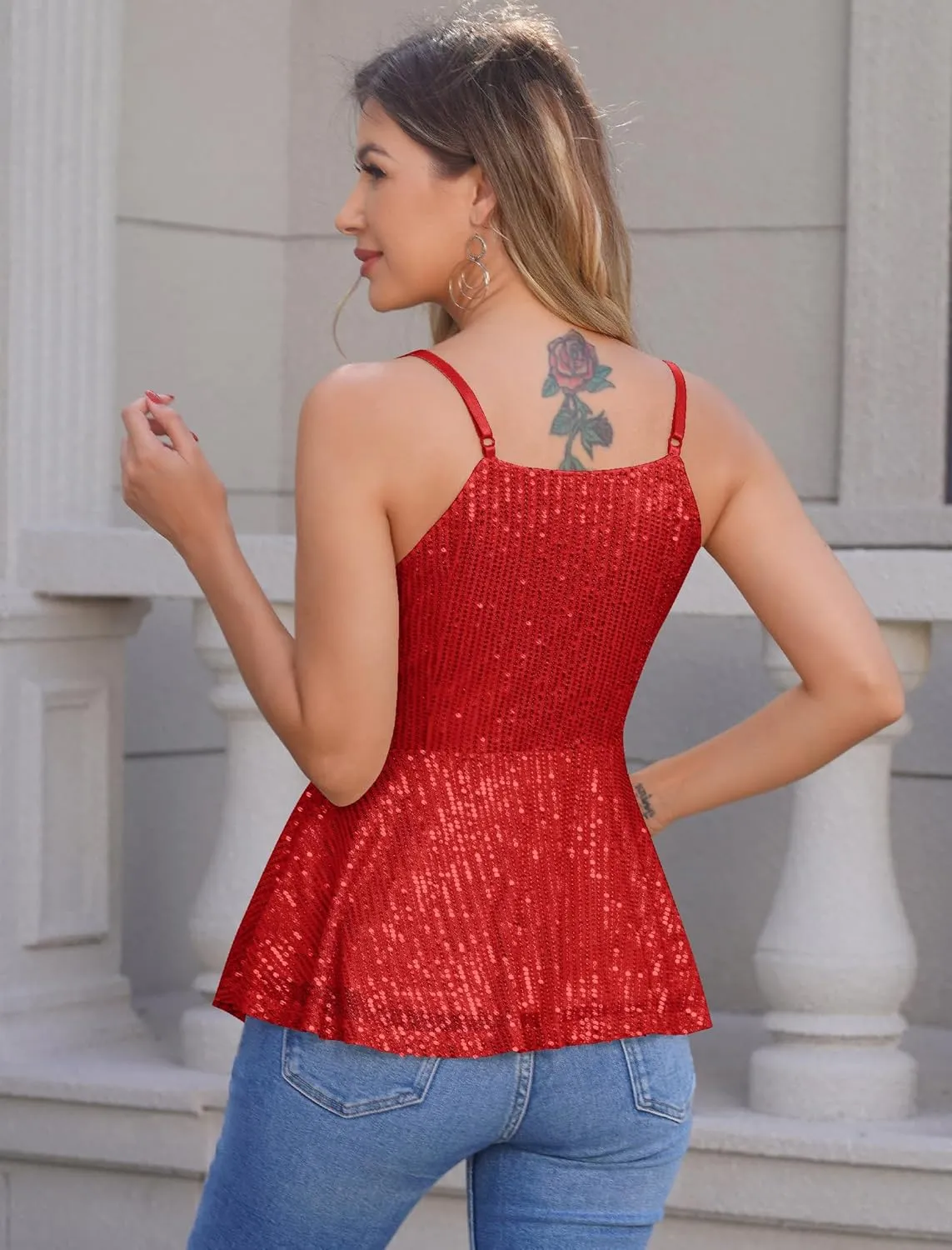 Sequin Tops for Women Casual V Neck Strappy Sparkle Tanks Tops Shimmer Camisole Tops Sleeveless Party Club Cami Vest Shirts