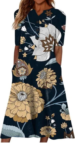 SGASY Summer Dresses for Women 2024 Plus Size Short Sleeve Button Down Boho Midi Sundress House Dress with Pockets