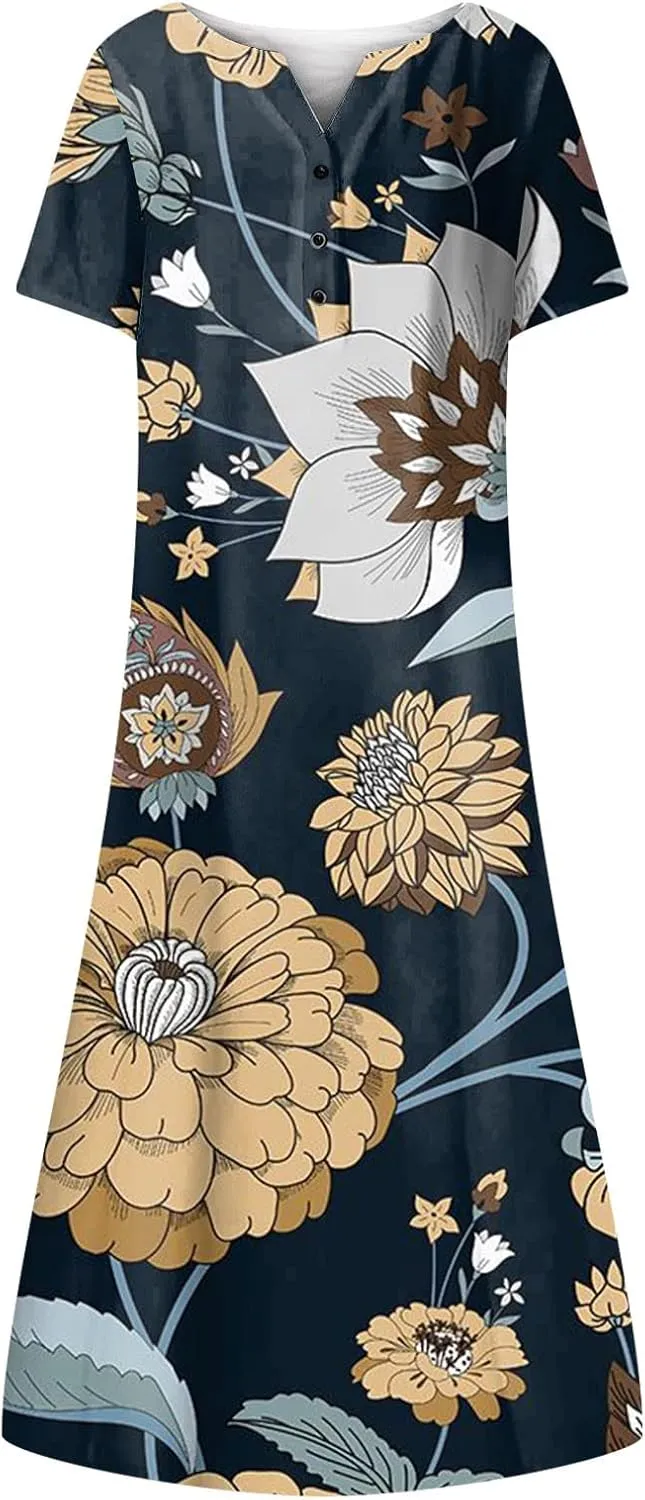 SGASY Summer Dresses for Women 2024 Plus Size Short Sleeve Button Down Boho Midi Sundress House Dress with Pockets