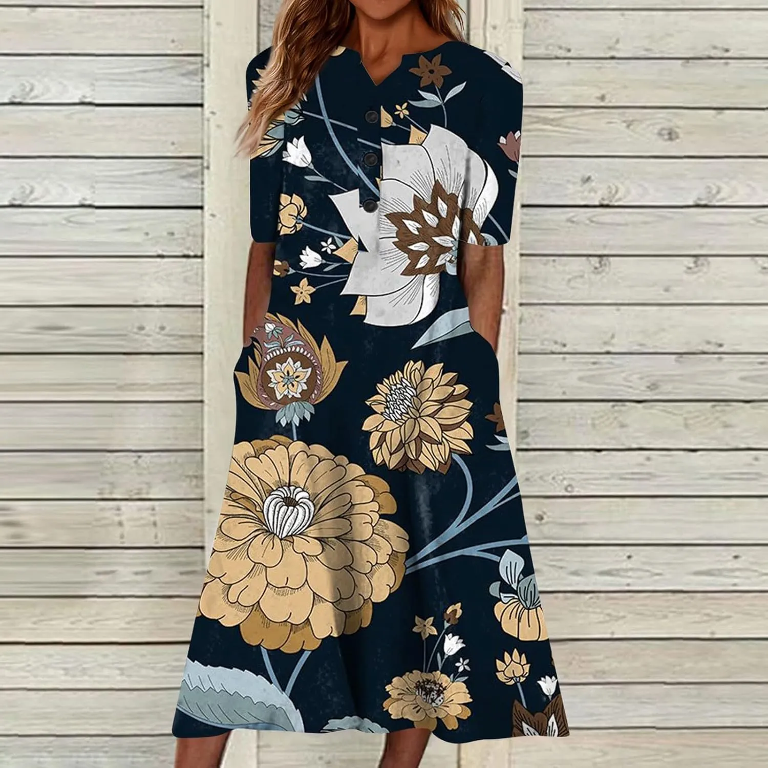 SGASY Summer Dresses for Women 2024 Plus Size Short Sleeve Button Down Boho Midi Sundress House Dress with Pockets