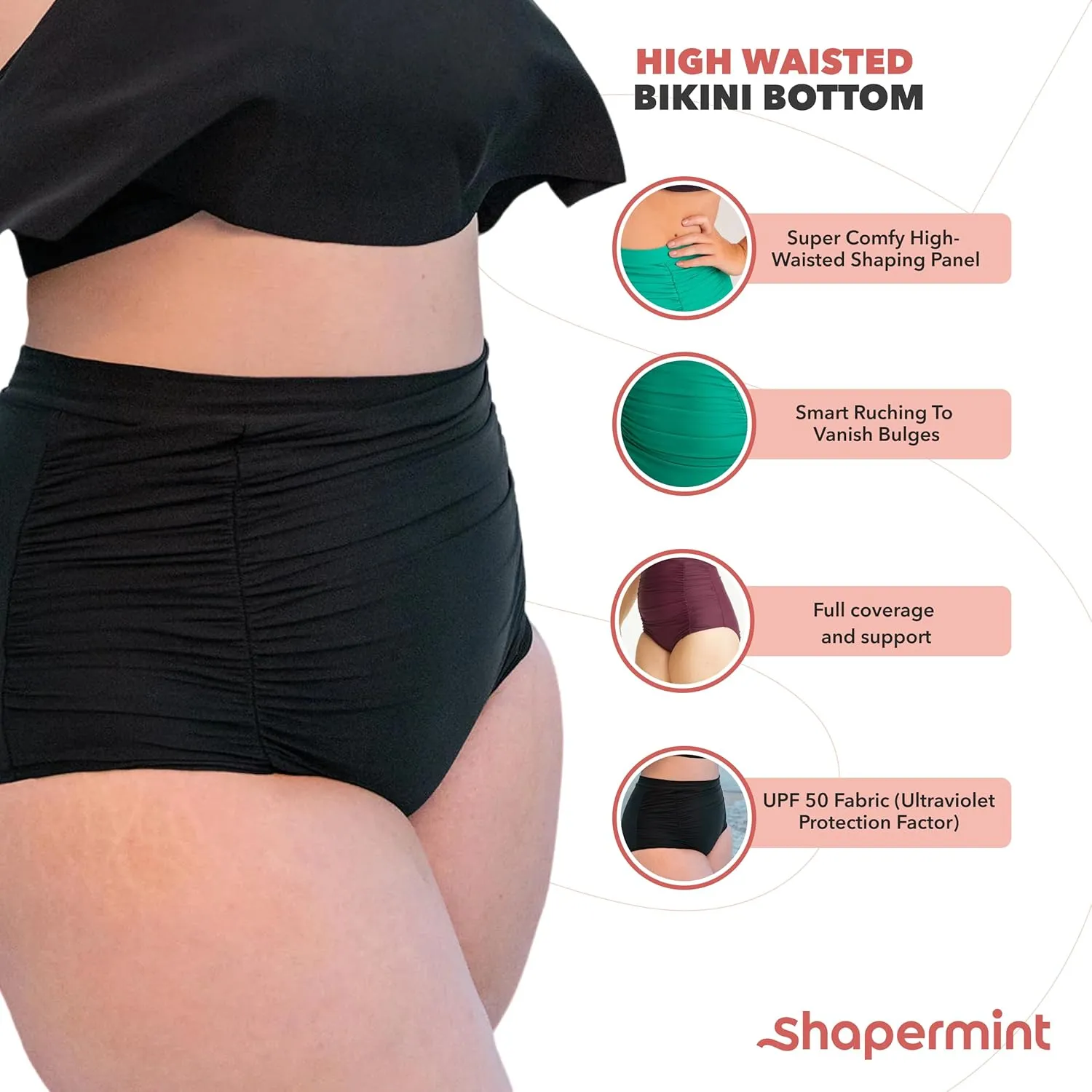 SHAPERMINT Women Ruched High Waisted Bikini Bottom Swimsuit, Tummy Control Full Coverage Swimwear, Small to Plus Size