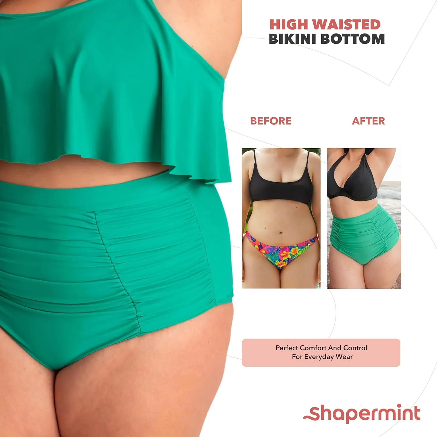 SHAPERMINT Women Ruched High Waisted Bikini Bottom Swimsuit, Tummy Control Full Coverage Swimwear, Small to Plus Size