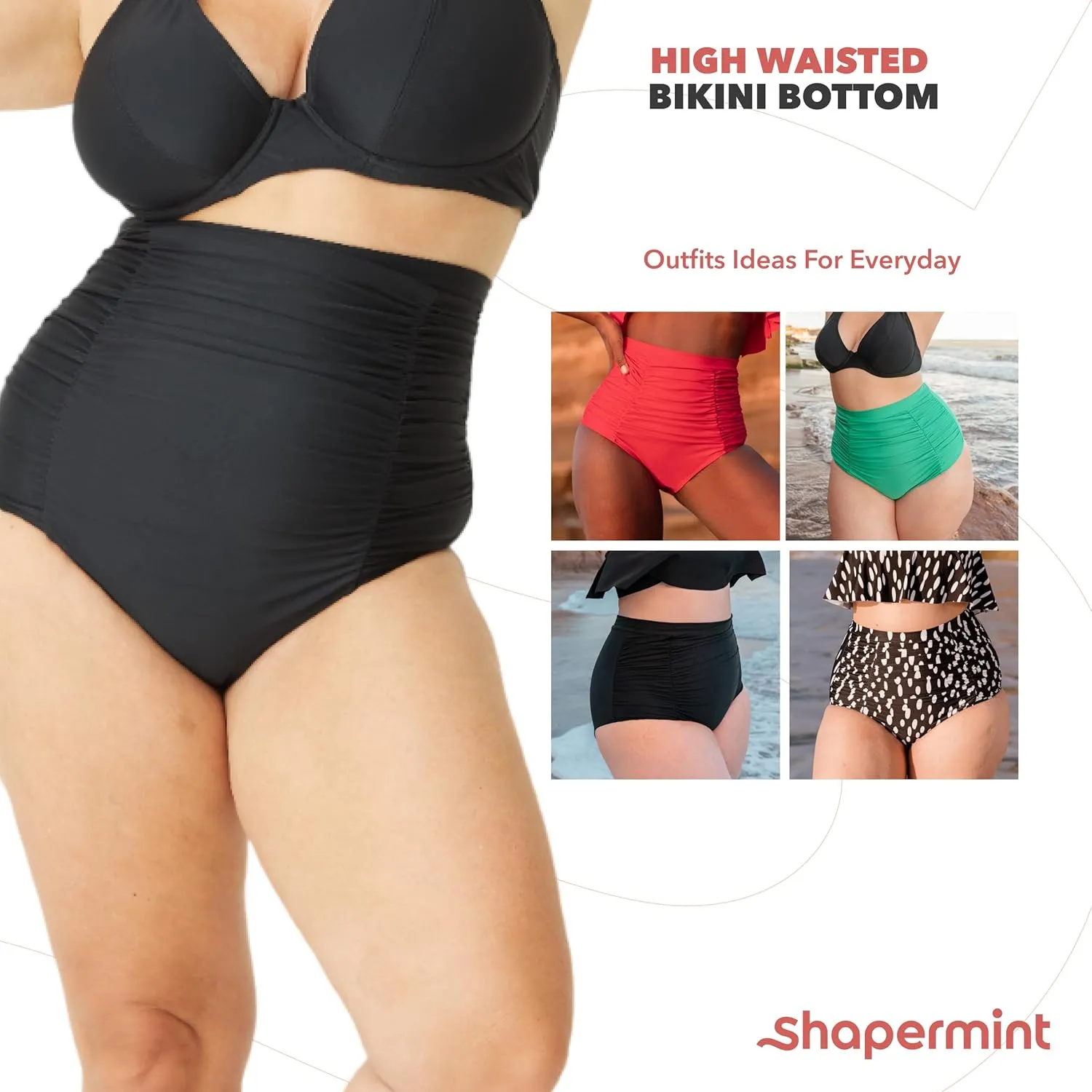 SHAPERMINT Women Ruched High Waisted Bikini Bottom Swimsuit, Tummy Control Full Coverage Swimwear, Small to Plus Size