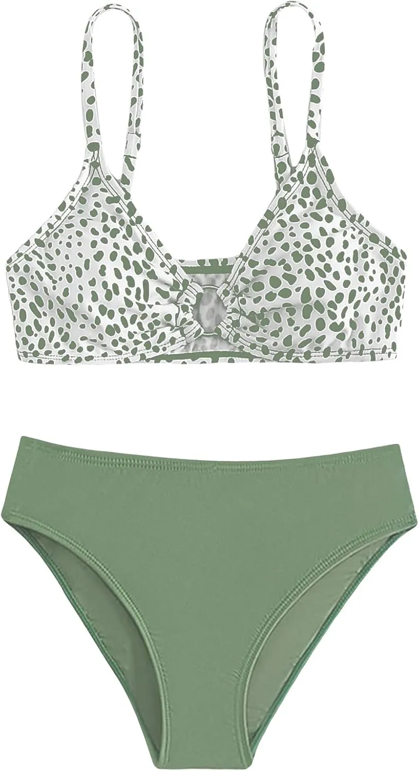 SHENHE Girl's 2 Piece O Ring Bikini High Waisted Spaghetti Strap Cute Swimsuit Bathing Suit