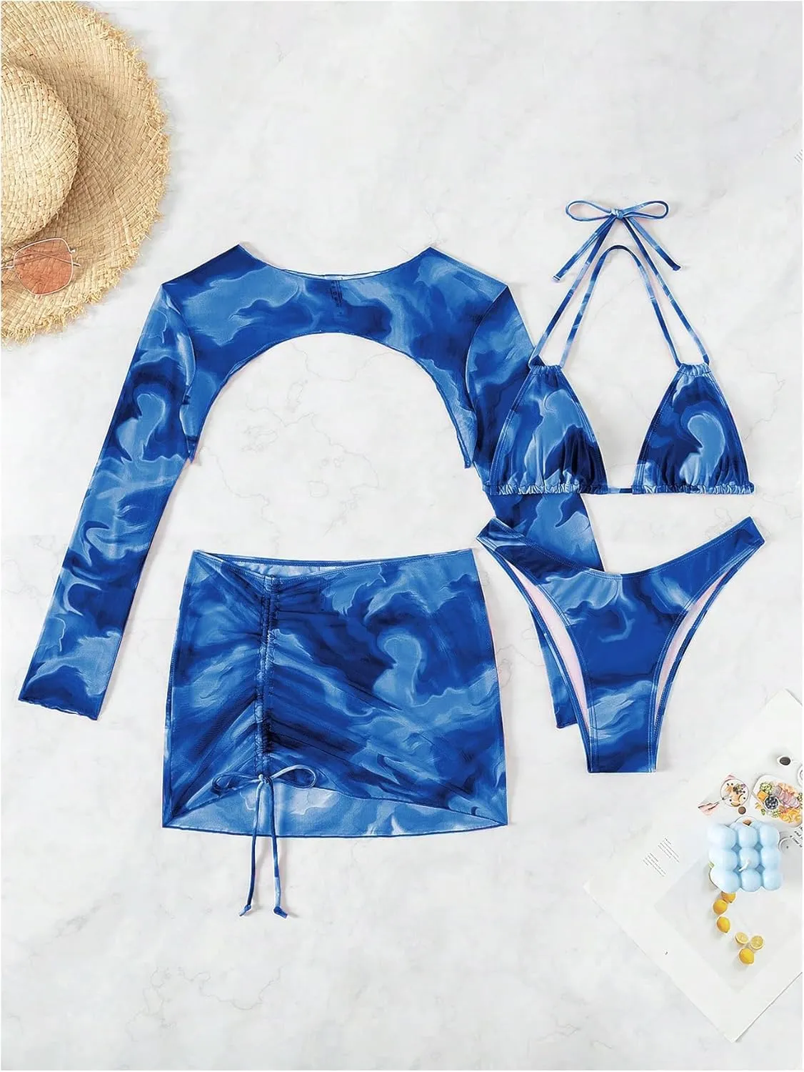 SHENHE Women's 4 Piece Bikini Set Halter Neck Sexy Thong Swimsuit with Cover Up Top and Skirt