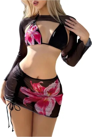 SHENHE Women's 4 Piece Bikini Set Halter Neck Sexy Thong Swimsuit with Cover Up Top and Skirt