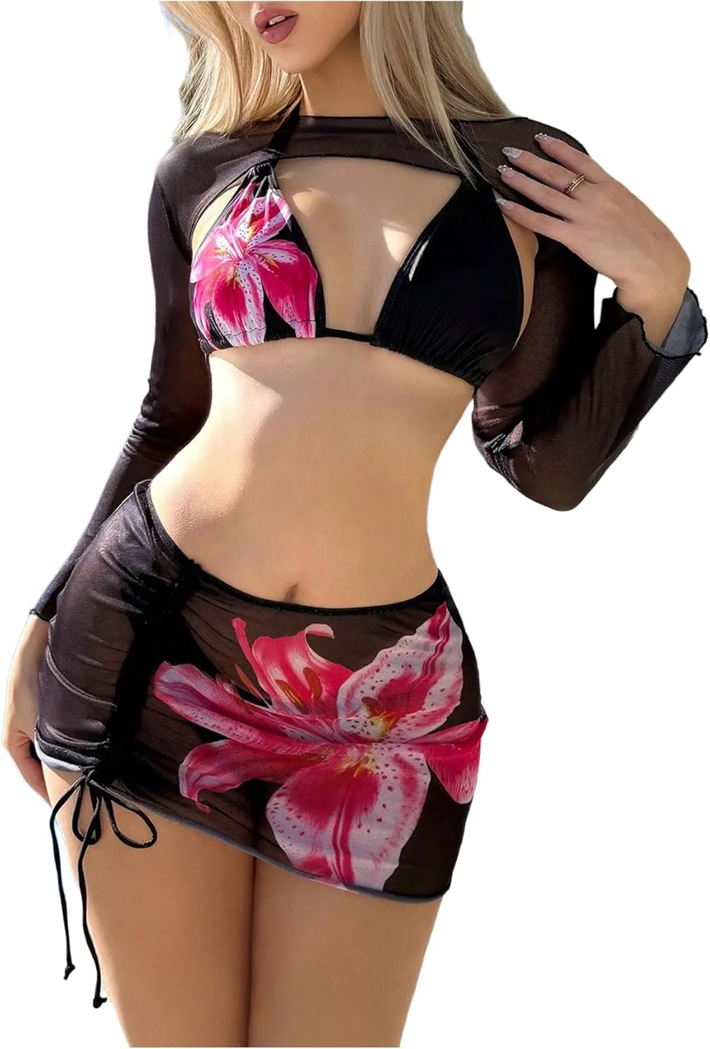 SHENHE Women's 4 Piece Bikini Set Halter Neck Sexy Thong Swimsuit with Cover Up Top and Skirt