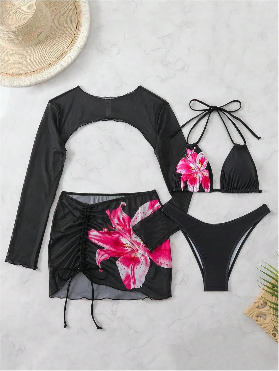 SHENHE Women's 4 Piece Bikini Set Halter Neck Sexy Thong Swimsuit with Cover Up Top and Skirt