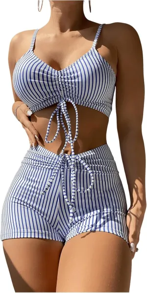 SHENHE Women's High Waisted Bikini Set with Shorts Striped Drawstring 2 Peice Boyshort Swimsuit