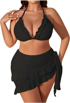 SHENHE Women's Plus Size 3 Pieces Swimsuit High Waisted Halter Triangle Bikini Set with Ruffle Wrap Skirt