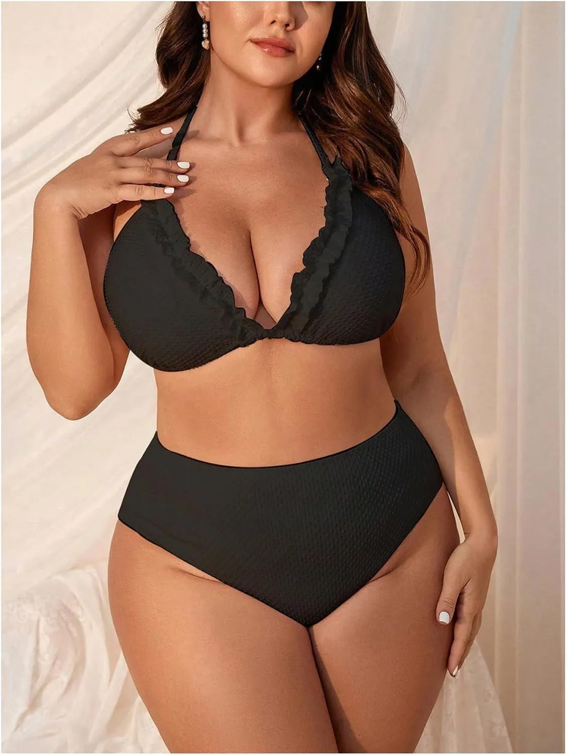 SHENHE Women's Plus Size 3 Pieces Swimsuit High Waisted Halter Triangle Bikini Set with Ruffle Wrap Skirt