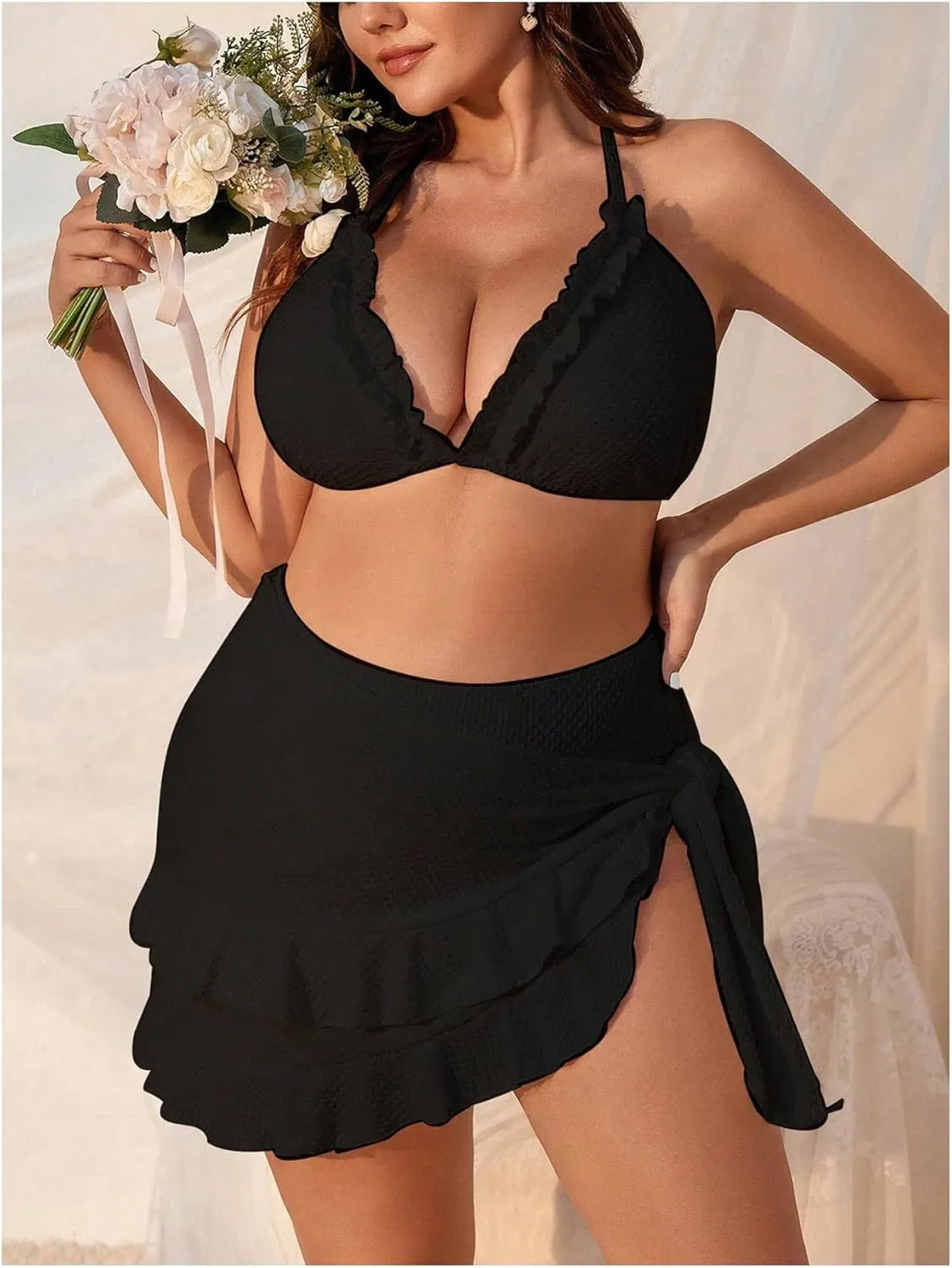 SHENHE Women's Plus Size 3 Pieces Swimsuit High Waisted Halter Triangle Bikini Set with Ruffle Wrap Skirt